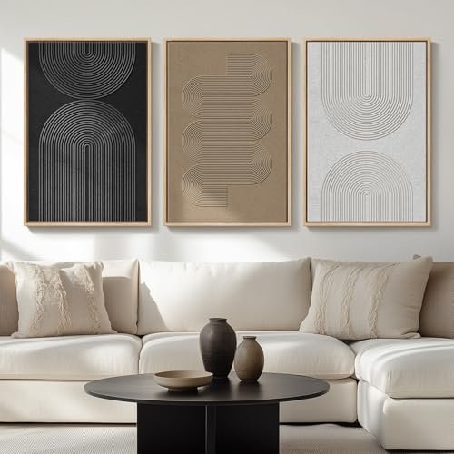 Large Framed Boho Modern Neutral Abstract Wall Art for Living Room, 3 Piece Black and White Canvas Prints Paintings Artwork for Walls, Geometric Pictures for Office Bedroom Dining Room Decor, 24x36 In