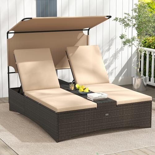 Tangkula Outdoor Rattan Daybed with Canopy & 4-Level Adjustable Backrests, 2-Person Wicker Patio Day Bed with Cushions, Table & Cup Holders, Double Sunbed Lounger for Balcony, Backyard & Poolside