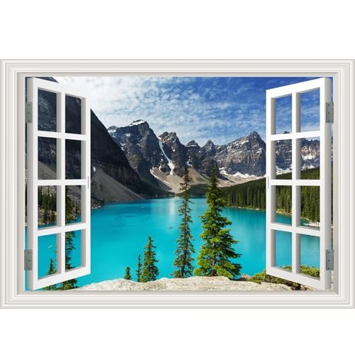 Large Murals 66"x48" Fake Window Wall Decal Summer Mountains Lake View Faux Window Sticker Mural Poster Picture Open Landscape Art Decor, Stick and Peel Natural Scenery Wall Decol Scene