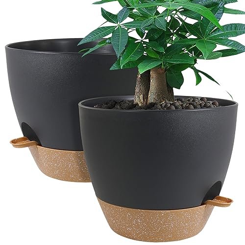 UOUZ 12inch 2Pack Large Self Watering Planters, Plastic Plant Pots with 60oZ Removable Deep Reservoir and Multi Mesh Drainage Holes for Indoor Outdoor Garden Plants and Flowers, Black with Brown