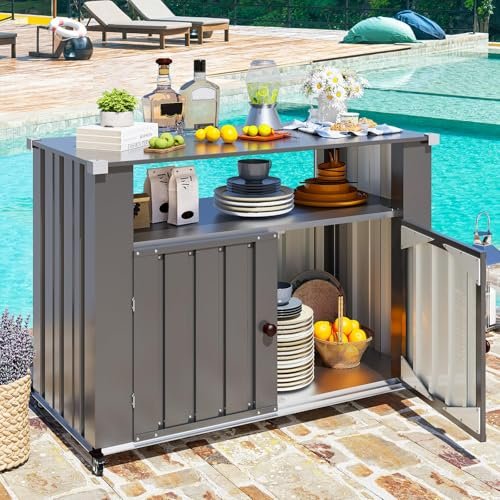 AECOJOY Outdoor Grill Table with Storage Cabinet Weatherproof, Outdoor Kitchen Island, Grill Cabinet Cart with Storage, Outdoor Counter Prep Table with Storage