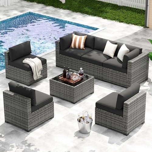 LazySunsets 7-Piece Patio Furniture Set, Wicker Rattan Outdoor Furniture with Thick Cushions, Patio Conversation Sets with Coffee Table, Outdoor Sectional Couch Sofa with Waterproof Cover, Black