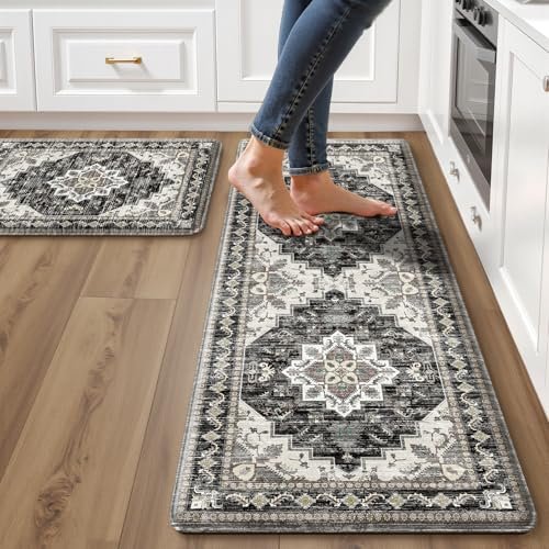 Boho Kitchen Mats for Floor 2 Piece Set Anti Fatigue Cushioned PVC Kitchen Rugs Non Slip Waterproof Farmhouse Mats 2/5 Inch Comfort Standing Mat for Laundry, 17.3"x47"+17.3"x28", Black Brown Grey