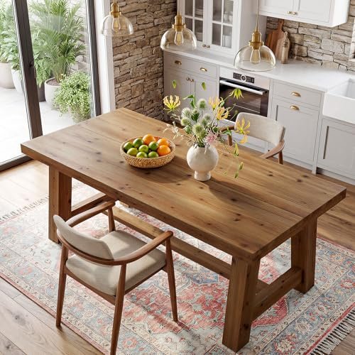 TRIBEWOOD 63-Inch Solid Wood Dining Table, Farmhouse Kitchen Table for 4-6 People, Rectangular Wooden Dinner Table with Thick Top & Trestle Base, Natural Wood