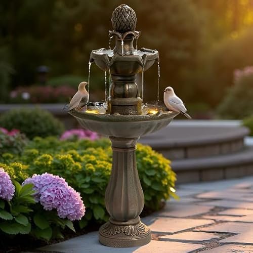 Warm Garden 3 Tiered Outdoor/Indoor Water Fountains –42.2 in. Tall, Like Stone Bird Bath for Outside, Elegant Waterfall Feature for Garden, Yard, Patio, Home Decor (Bronze Color)