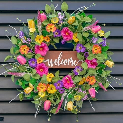 Pinkpuii Spring Wreaths for Front Door Outside – 24 Inch Artificial Tulip & Wildflower Summer Wreath with Green Eucalyptus Leaves and Welcome Sign- Indoor Outdoor Farmhouse Home Porch Wall Decor