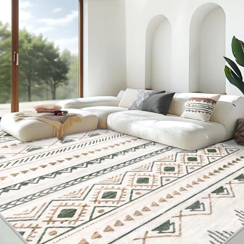 Area Rug Living Room Rugs 8x10 - Large Soft Boho Geometric Rug, Non-Slip Foldable Washable Rugs Non Shedding Morden Indoor Floor Carpet for Living Room Bedroom Office Dining Room(Brown Green,8'x10')