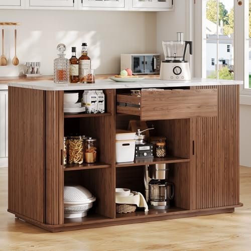 ONBRILL 60" Stationary Kitchen Island with Storage, Fluted Island Table w/Faux Marble Worktop, Sliding Door, Adjustable Shelves, Open Shelves, Mid Century Modern Coffee Bar Station with Drawer, Walnut