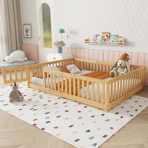 Bellemave Full Size Floor Bed with Slats and Safety Guardrail, Full Size Montessori Floor Bed with Fence and Door, Easy Assemble Montessori Beds for Kids, Girls, Boys, Natural