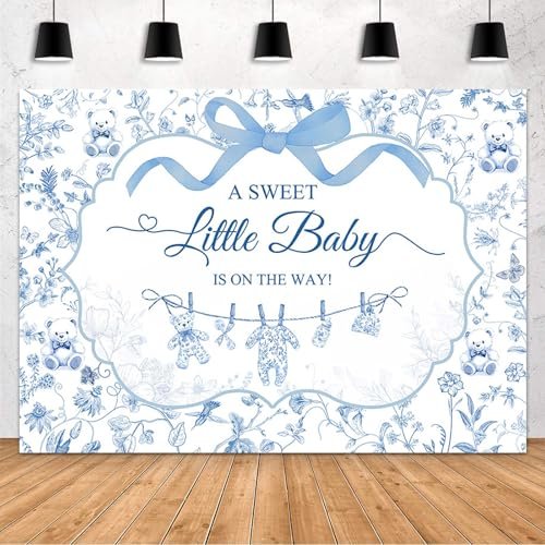 MEHOFOND Toile de Jouy Baby Shower Backdrop for Boy A Sweet Little Baby is on The Way Decorations Banner Blue Bow Baby Clothes Chinoiserie Floral Bear Baby Shower Photography Background 7x5ft