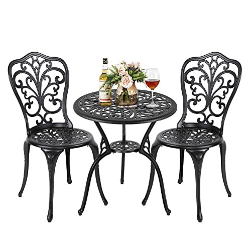 NUU GARDEN 3 Piece Outdoor Bistro Table Set, All Weather Cast Aluminum Patio Bistro Sets Patio Table and Chairs Set of 2 with Umbrella Hole for Yard, Garden, Balcony, Black
