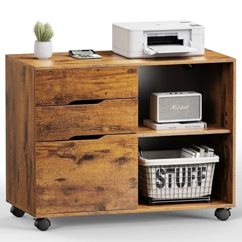 DUMOS Lateral File Cabinet with 3 Drawers Rolling Filing Cabinets Under Desk Storage Printer Stand Wood Organizer with Wheels Adjustable Shelf for Office Home Small Space, Brown