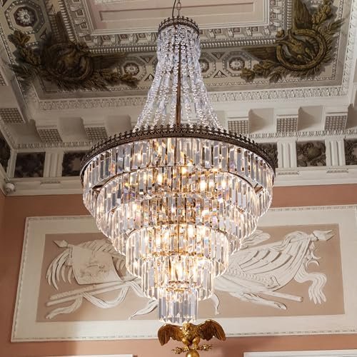 TOCHIC French Empire Crystal Chandelier Modern Farmhouse Chandelier Ceiling Light for Foyer Entryway High Ceiling, Vintage Antique Bronze Chandelier Light Fixture for Dining Living Room 28" W x 48" H