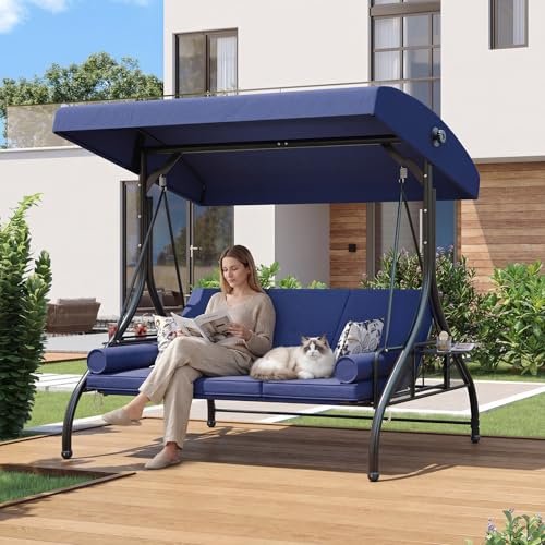 Aoxun Outdoor Porch Swing with Stand and Canopy, 3 Seats Outdoor Swings for Adults, Convertible 2 in 1 Swing Bed with Cup Holder, Patio Swings with Thicken Cushions for Garden, Yard & Balcony, Blue