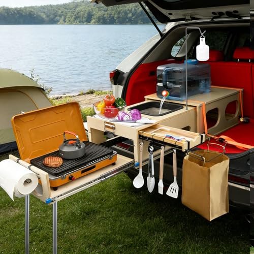 JAGAHAHA Wooden Overland Camping Slide-Out Kitchen with Drawer, Left Side, for SUV/Storage Space, for 2 Burners Stove, Folding Design