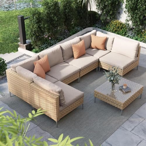 Grand patio 7-Piece Wicker Patio Furniture Set, Boho Outdoor Conversation Set Sectional Sofa with Water Resistant Thick Cushions and Coffee Table, Cream