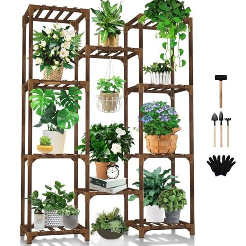 Uneedem Plant Stand Indoor Outdoor, Tall Plant Shelf for Multiple Plants, 10 tiers 11 Pot Large Plants Holder Rack Wood Plant Shelves for Room Corner Balcony Garden Patio
