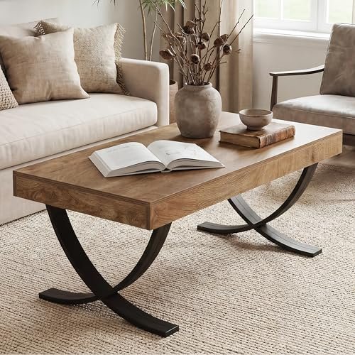 LITTLE TREE 47” Coffee Table, Rectangle Center Table for Living Room, Industrial Modern Living Room Table, Wood Coffee Table with Curved Cross Legs, Thickened Wood Grain Top, Rustic Brown & Black