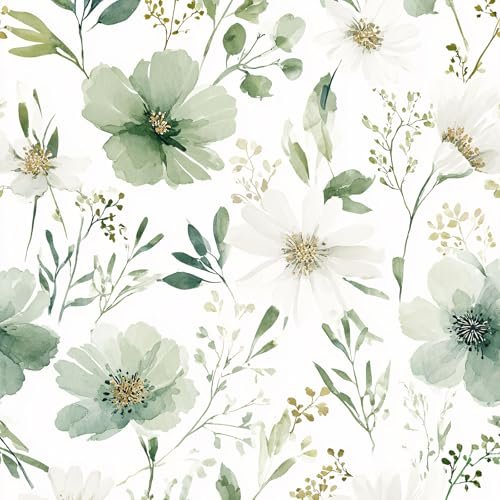 Akodm Sage Green Floral Peel and Stick Wallpaper Self Adhesive Removable Modern for Bedroom Accent Wall Renter Friendly Thick Watercolor Natural Flower Wallpaper 17.7" x 118"