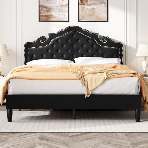 SHA CERLIN Queen Bed Frame with Adjustable Headboard/Velvet Upholstered/Diamond Button Tufted and Metal Studs/No Box Spring Needed/Wood Slat Support/Easy Assembly/Black