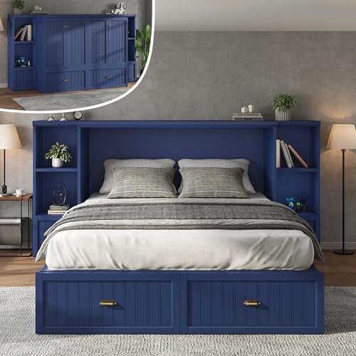 AMERLIFE Full Size Murphy Bed with Bedside Tables, Foldable Cabinet with 3 Storage Drawers & Charging Station, Farmhouse Hideaway Bed for Bedroom/Office/Guest Room, Navy Blue