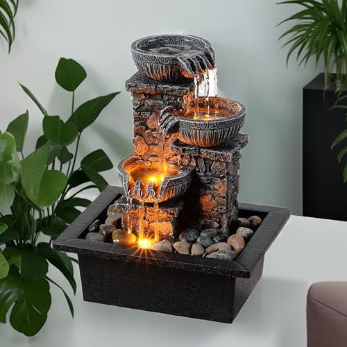 Kalona Tabletop Fountain 3 Bowls with LED Light Soothing Water Flowing Sound Fountain Zen/Meditation Home/Office Decor Home Décor Relaxation Indoor (23113)
