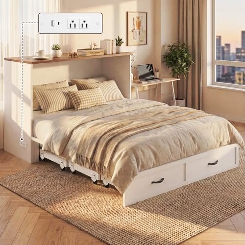 HISOFT Queen Murphy Bed Frame with Charging Station, Freestanding Cabinet Murphy Bed with Fold-Down Panel & Reinforced Support, Space-Saving Design for Small Living Spaces, Shipped in 2 Boxes, White