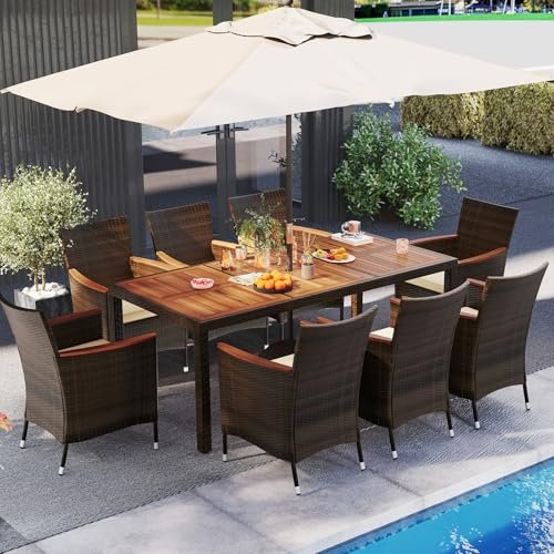 S AFSTAR Patio Dining Set for 8 with Umbrella Hole, 75” x 36” Acacia Wooden Table & PE Rattan Chairs for Deck, Backyard