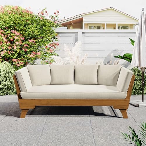 Christopher Knight Home Gary Patio Convertible Couch, Wooden Outdoor Daybed, 3-Seater Acacia Wood Patio Furniture Lounge Sofa for Backyard/Poolside/Garden, Back Pillow+Removable Cushion, Teak+ Beige