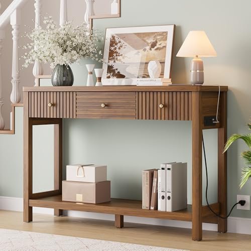 47 Inch Fluted Console Table with Outlets and USB-C Port, Mid Century Modern Sofa Table with 3 Drawers and Open Shelf, Entryway Table with Charging Station for Behind Couch, Hallway, Foyer, Walnut