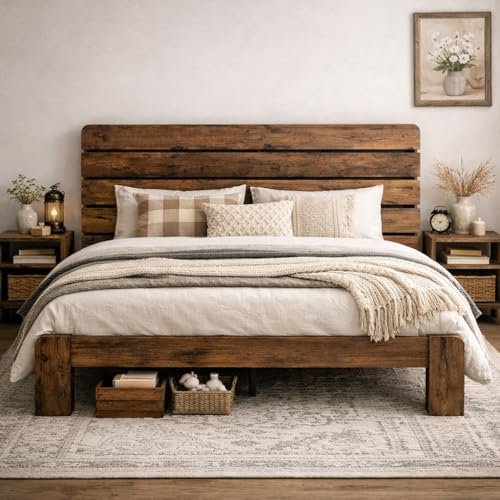 SAMTRA Wooden Full Size Bed Frame with Headboard, Rustic Farmhouse Platform Bedframe with Wood Slat Support, Sturdy and No Noise, Easy Assembly (Light Brown/Linear Headboard, Full)