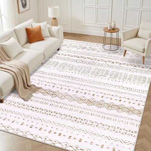 8x10 Area Rugs Living Room Rug: Washable Rug Neutral Lagre Soft Thin Carpet Indoor Floor Non Slip Boho Geometric Moroccan Carpets for Bedroom Dining Room Farmhouse Nursery Office - Brown