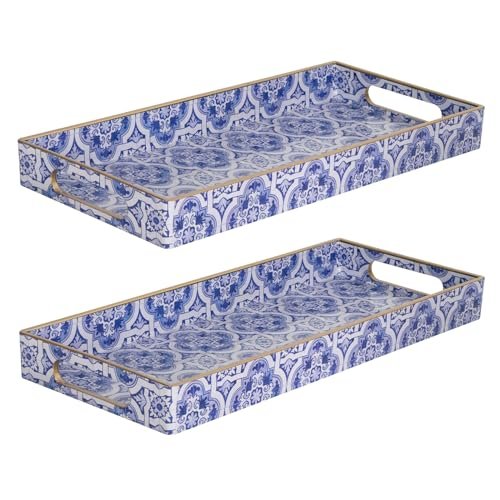 MAONAME Blue Vanity Tray Set of 2, Plastic Decorative Trays with Handles, Small Moroccan Bathroom Trays for Toilet Tank, Dresser Counter, 13.8" X 6" X 1.57"