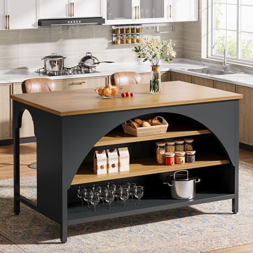 Tribesigns Kitchen Island with 3 Storage Shelves, 55" W Kitchen Shelf with Large Countertop and Seating Area, Modern Wooden Coffee Bar Table (Black)