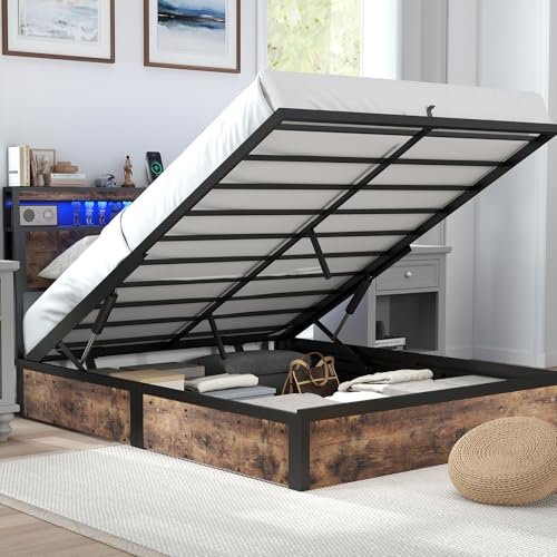 Fabulis Full Size Lift Up Storage Bed Frame with Charging Station, 2 Tier Wood Storage Headboard with Led Lights, Heavy Duty Metal Slats Support/Hydraulic Storage/Noise-Free/Brown