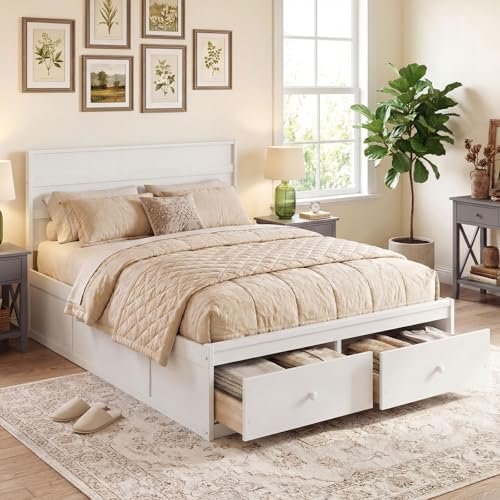 Giantex Full Size Bed Frame with Storage Drawers, Wood Platform Bed with Headboard, Solid Mattress Foundation w/Wooden Slat Support & Enclosed Base, No Box Spring Needed (White, Full)