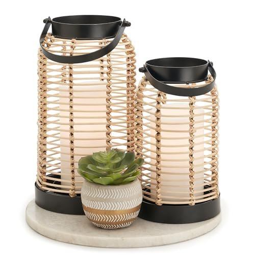 Natural Rattan Boho Lanterns - Handcrafted Chic Decor to Enhance Your Home - Modern Farmhouse Beauty Perfect for Any Living Room, Patio & Porch, Indoor and Outdoor Coffee Table or Kitchen Dining Table