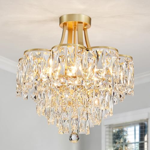 WUZUPS Crystal Chandelier Semi-Flushmount Ceiling Light Modern Lighting Fixture for Bedroom Hallway Entry Kitchen Bathroom, H 19.3" x W 18.3", E12 Base, Gold