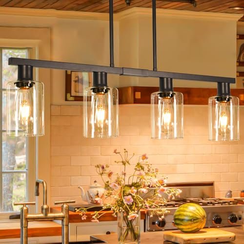 4-Light Kitchen Island Lighting, Black Simplicity Bar Island Lights for Kitchen, Farmhouse Chandelier with Adjustable Height & Clear Glass Shades, Linear Hanging Dining Room Light Fixture Over Table