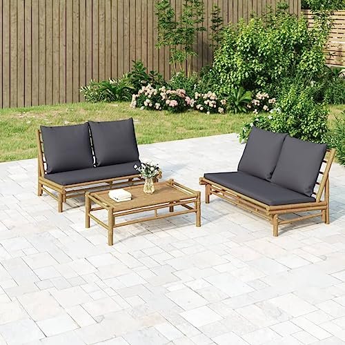 KKgypkn Dark Grey and Natural Bamboo Garden Lounge Set with Polyester Cushions, 4-Piece Outdoor Patio Furniture for Balcony Relaxation, Durable Bamboo Fiber Construction, Easy