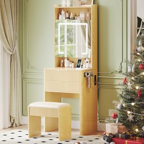 Oxirth 3 in 1 Vanity, Make up Vanity Desk with Mirror and Lights, Vanity Desk with Drawers and Storage, Modern Dressers for Bedroom, Wooden Dressing Table with Stool, 21.65x15.74x62.79 in