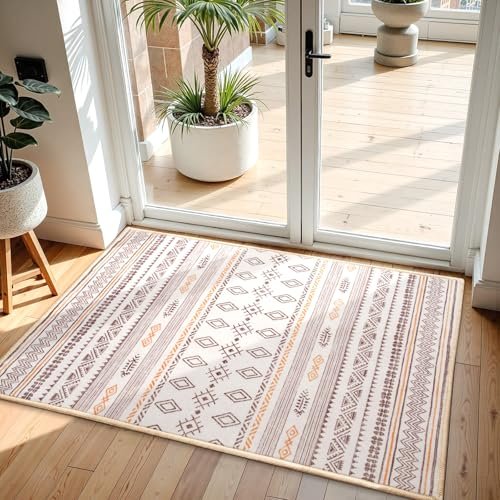 Terrug Boho Area Rug for Entryway, 2x3 Washable Rugs with Non Slip Rubber Backing for Kitchen, Soft Geomtric Stain Resistant Small Carpet for Bedroom Bathroom Floor Decor, Beige & Orange