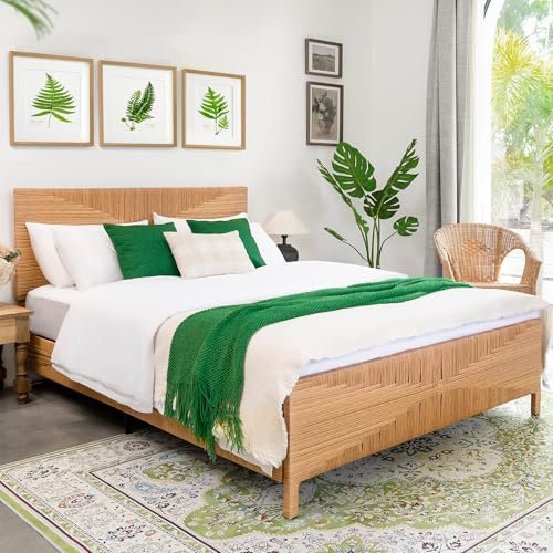 Yechen Boho Full Bed Frame with Headboard and Footboard, Hand-Woven Rattan Mid Century Modern Bedframe with Vintage Pattern, Wicker Bed with Metal Frame and Metal Slats, No Box Spring Needed, 1000lbs