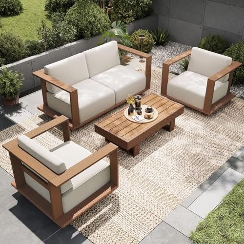 Sophia & William HDPE Patio Furniture Set，Modern Outdoor Sectional Sofa Set with 9.8" Cushions and 43.5" Wood Grain Coffee Table, Deep Seating Outdoor Conversation Set for Backyard(Beige, 5 Pieces)