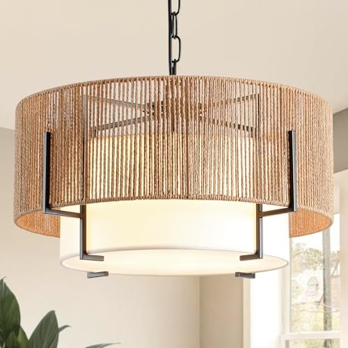 SupMaka 4-Light Rattan Chandelier, 19.7" Boho Pendant Light with Fabric Shade, Farmhouse Rattan Hanging Ceiling Light Fixture for Dining Room, Living Room, Kitchen Island, Bedroom, Hallway, Foyer