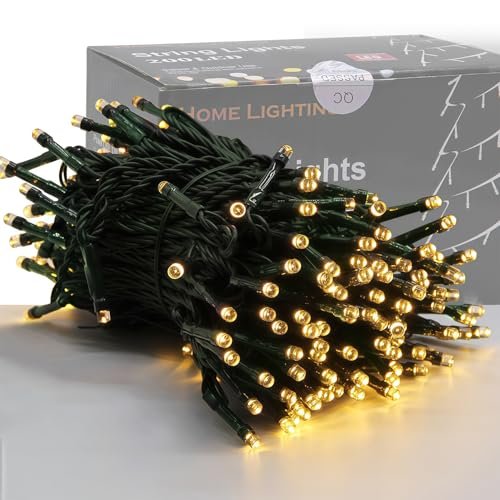 Home Lighting 66ft Christmas Decorative Mini Lights, 200 LED Green Wire Fairy Starry String Lights Plug in, 8 Lighting Modes, for Indoor Outdoor Xmas Tree Wedding Party Decoration (Warm White)