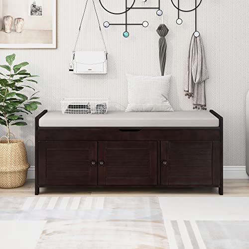 Knocbel Entryway Storage Bench with Hidden Compartment, Removable Cushion and 3 Doors, Hallway Foyer Bathroom Bedroom Shoe Bench, 250 lbs Weight Capacity, 43.5" W x 16" D x 18" H (Espresso)