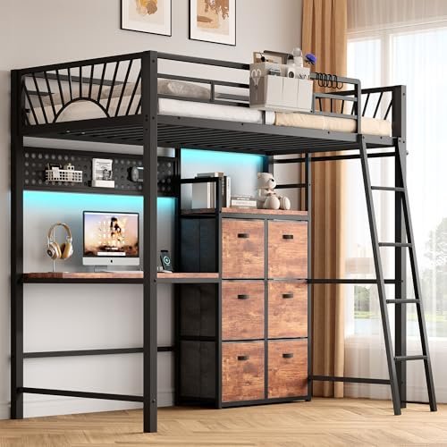 Decofy Twin Metal Loft Bed with Desk, 6 Storage Cabinet, LED Light Bunk Bed Frame Twin Size with Charging Station, No Box Spring Needed, Extra Wide Stair Treads&Safety Ladder, Hanging Rod&Guardrail