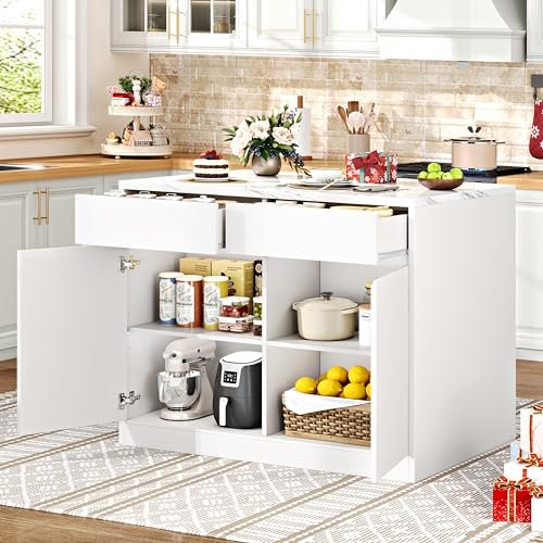 Kitchen Island with Storage, 47.2" Large Faux Marble Countertop Kitchen Island with 2 Drawers and Adjustable Shelves, Coffee Bar Station, Beveled Edge Door Cabinet, Dining Table for 2-4 People, White