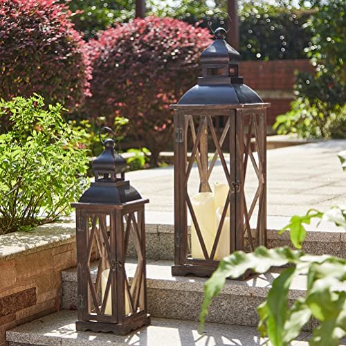 Glitzhome Farmhouse Lanterns Decorative Indoor, 2 Pack Wood/Metal Decorative Candle Lanterns, Vintage Lantern Decor Large Floor Lanterns for Home Decor, Brown (No Glass)
